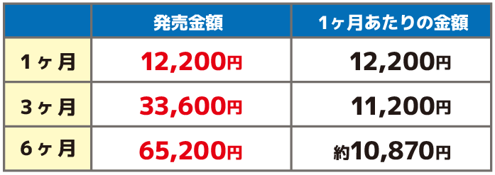 1ヶ月12,200円 3ヶ月33,600円 6ヶ月65,200円